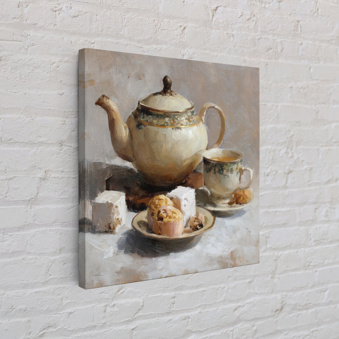 Porcelain Teapot and Scones Framed Canvas Print, Bed and Breakfast Art, Bedroom Prints, Living Room Decor, Abstract Art, BAB-1x1-84