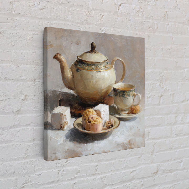 Porcelain Teapot and Scones Framed Canvas Print, Bed and Breakfast Art, Bedroom Prints, Living Room Decor, Abstract Art, BAB-1x1-84