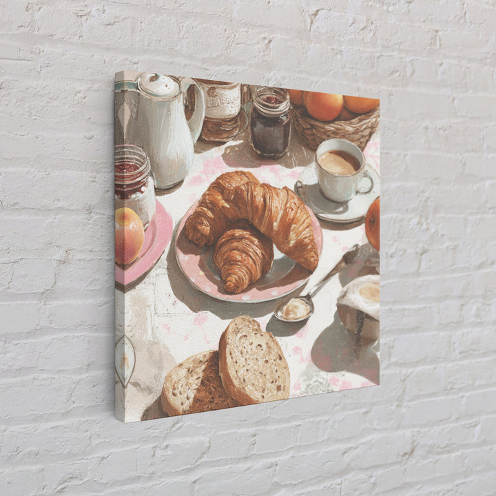 Fresh Croissants and Jam on a Linen Canvas Print, Bed and Breakfast Art, Textured Painting, Living Room Decor, Abstract Art, BAB-1x1-98