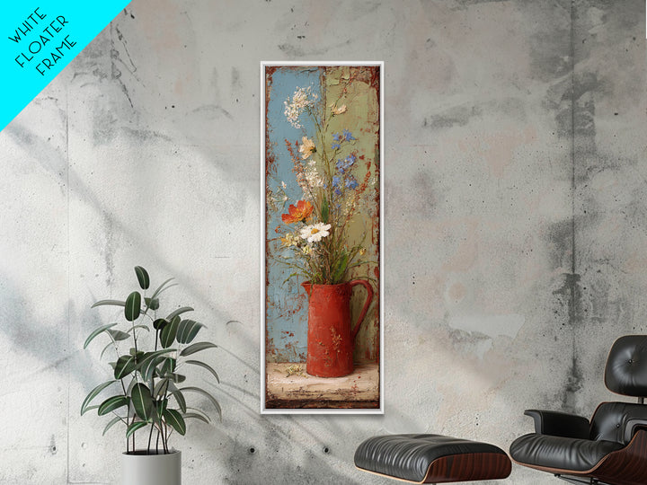 Country Wildflowers in a Chipped Ceramic Pitcher Canvas Print, Bed and Breakfast Art, Minimalist Decor, Living Room Decor, BAB-1x3-13