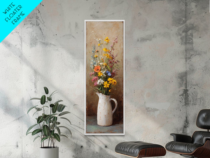 Country Wildflowers in a Chipped Ceramic Pitcher Canvas Print, Bed and Breakfast Art, Minimalist Decor, Living Room Decor, BAB-1x3-37