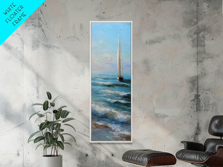 Coastal Inn Sailboat at Sunrise Framed Canvas Print, Bed and Breakfast Art, Textured Painting, Living Room Decor, Fine Art, BAB-1x3-53