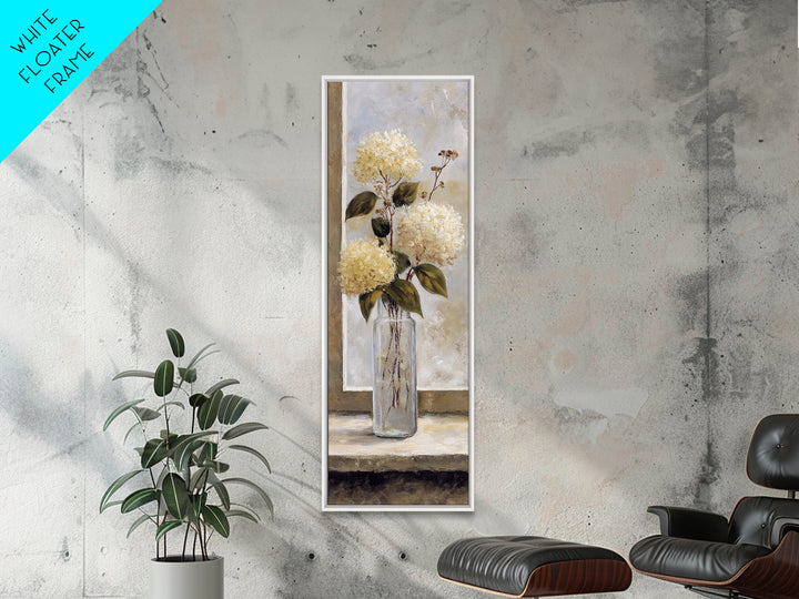 Sunlit Hydrangeas on a Windowsill Framed Canvas Print, Bed and Breakfast Art, Modern Decor, Living Room Decor, Fine Art, BAB-1x3-70