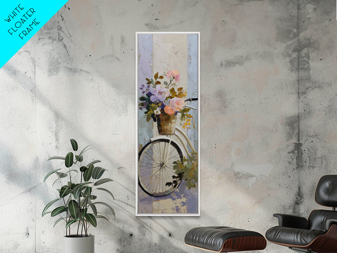 Old Bicycle with Flowers in Basket Framed Canvas Print, Bed and Breakfast Art, Folk Art, Living Room Decor, Watercolor Art, BAB-1x3-83
