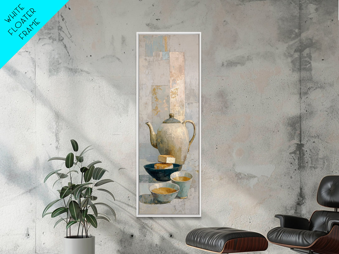 Porcelain Teapot and Scones Framed Canvas Print, Bed and Breakfast Art, Bedroom Prints, Living Room Decor, Abstract Art, BAB-1x3-96