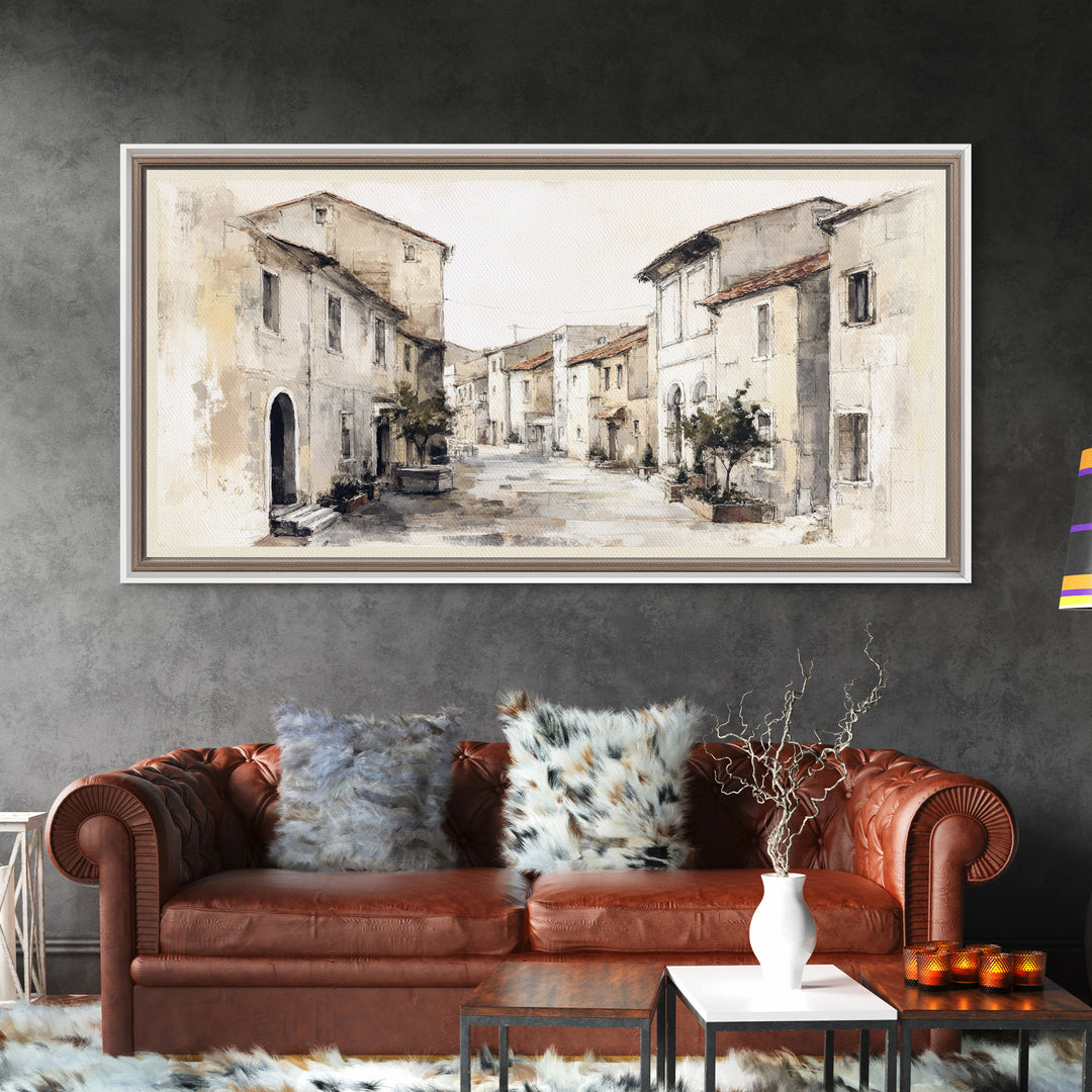 Soft Watercolor Village Street at Dawn Framed Canvas Print, Bed and Breakfast Art, Printable, Living Room Decor, Fine Art, BAB-2x1-1