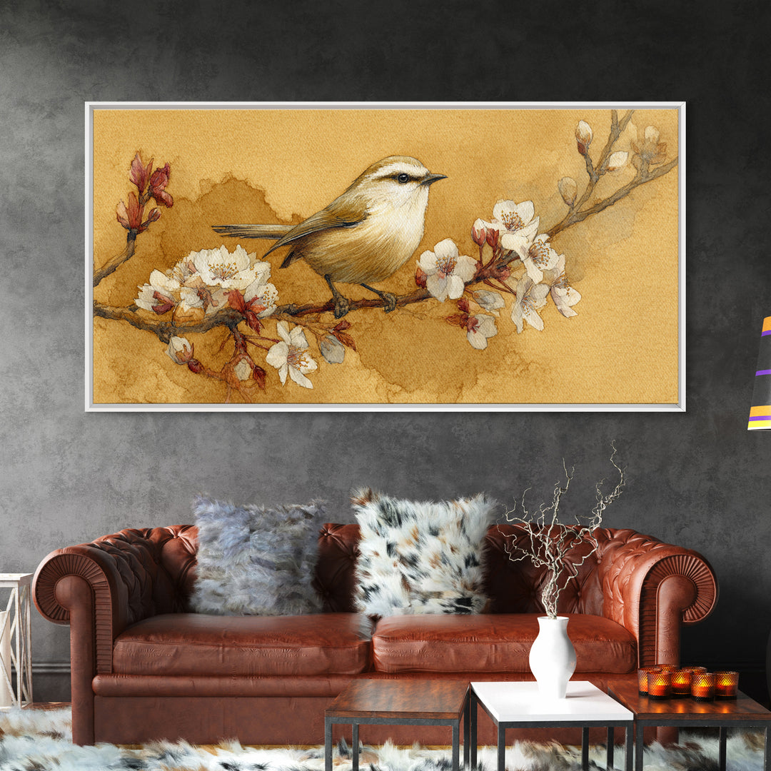 Small Bird on a Flowering Branch Canvas Print, Bed and Breakfast Art, Contemporary Art, Living Room Decor, Bedroom Wall Art, BAB-2x1-10