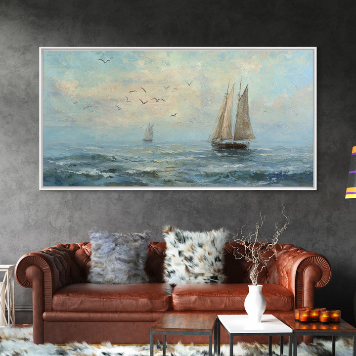 Coastal Inn Sailboat at Sunrise Framed Canvas Print, Bed and Breakfast Art, Print, Living Room Decor, Fine Art, BAB-2x1-13
