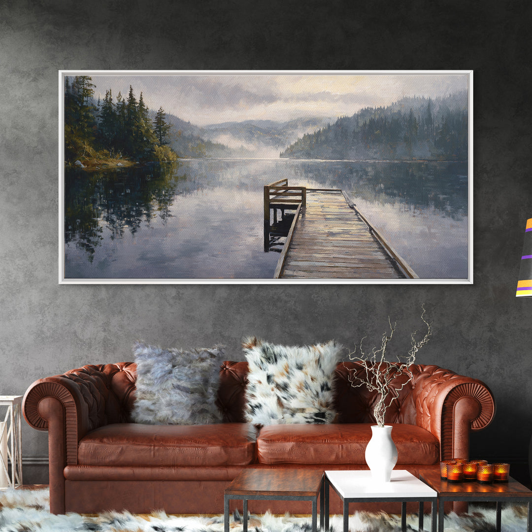 Quiet Lake Dock at Early Morning Framed Canvas Print, Bed and Breakfast Art, Room Decor, Living Room Decor, Fine Art, BAB-2x1-18