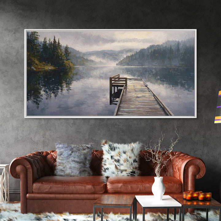 Quiet Lake Dock at Early Morning Framed Canvas Print, Bed and Breakfast Art, Room Decor, Living Room Decor, Fine Art, BAB-2x1-18