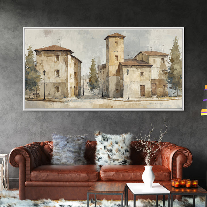 Soft Watercolor Village Street at Dawn Framed Canvas Print, Bed and Breakfast Art, Printable, Living Room Decor, Fine Art, BAB-2x1-25