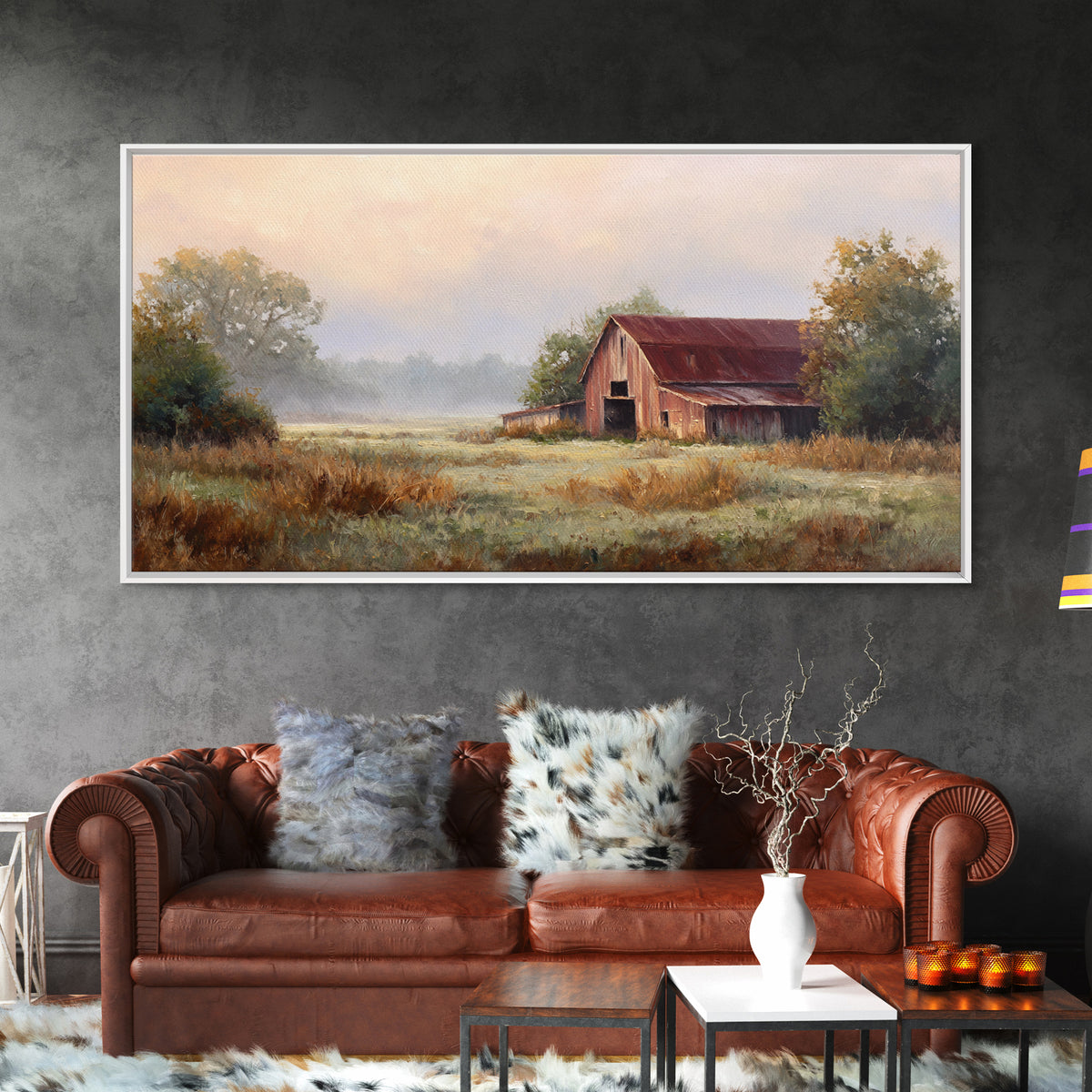 Old Farmhouse Landscape Framed Canvas Print, Bed and Breakfast Art, Wood Wall Art, Living Room Decor, Oil Painting, BAB-2x1-3