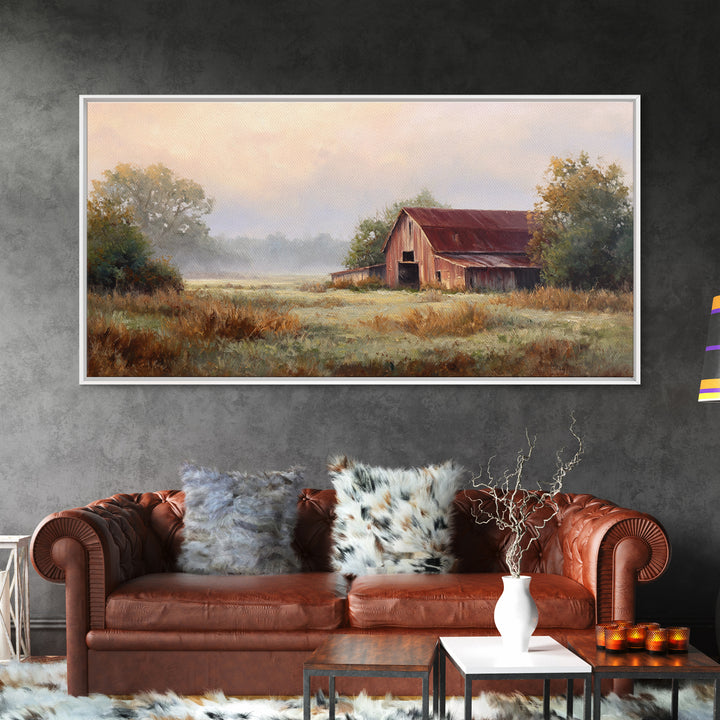 Old Farmhouse Landscape Framed Canvas Print, Bed and Breakfast Art, Wood Wall Art, Living Room Decor, Oil Painting, BAB-2x1-3