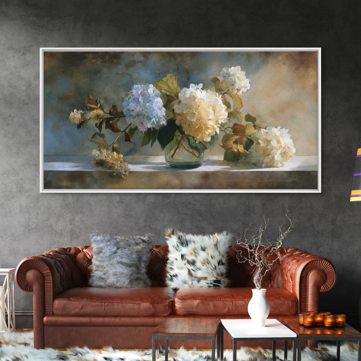 Sunlit Hydrangeas on a Windowsill Framed Canvas Print, Bed and Breakfast Art, Minimalist Decor, Living Room Decor, Fine Art, BAB-2x1-30