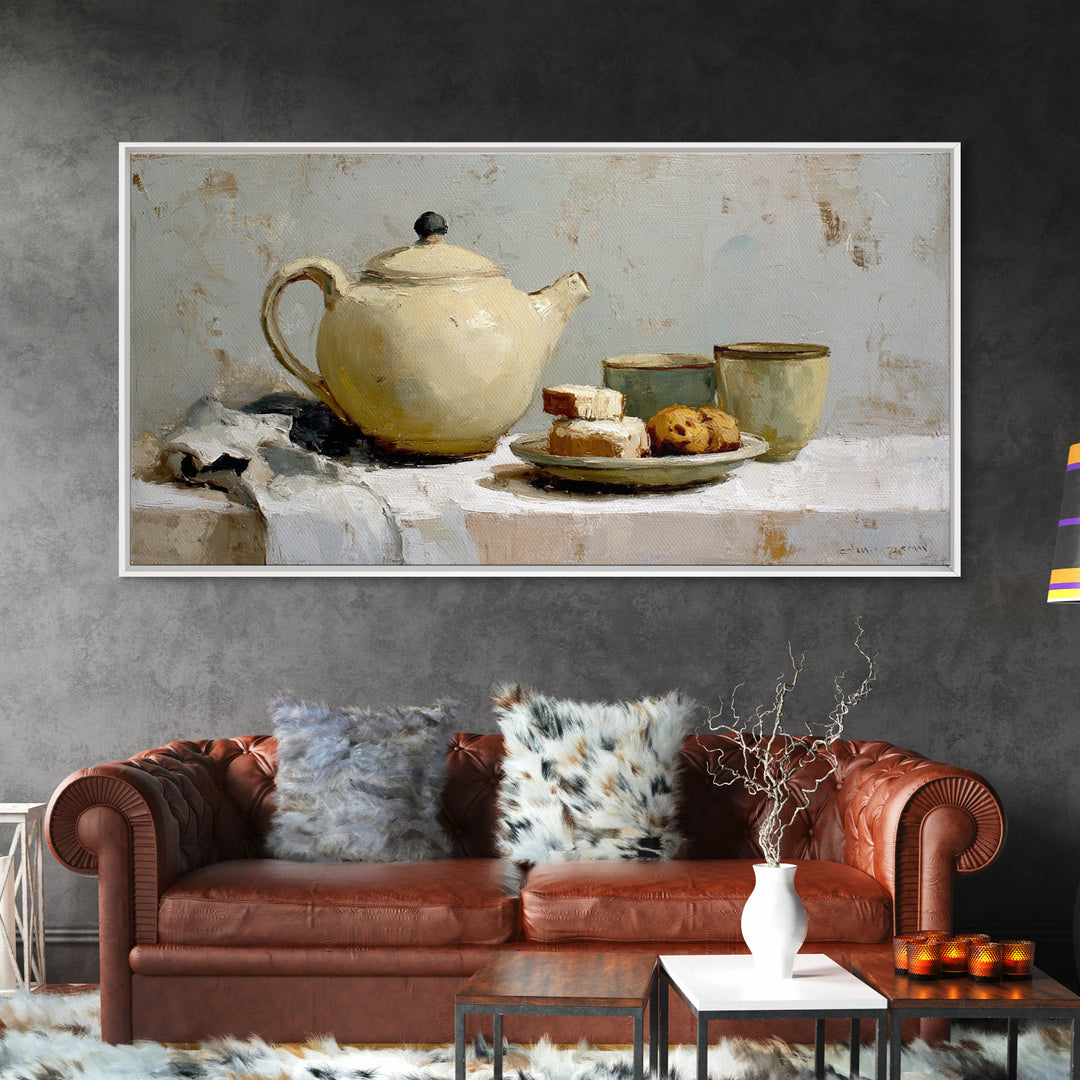 Porcelain Teapot and Scones Canvas Print, Bed and Breakfast Art, Wall Art, Living Room Decor, Oil Painting, Wood Wall Art, BAB-2x1-32