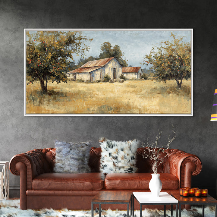 Apple Orchard Scene Framed Canvas Print, Bed and Breakfast Art, Decor, Living Room Decor, Fine Art, Dopamine Decor, BAB-2x1-33
