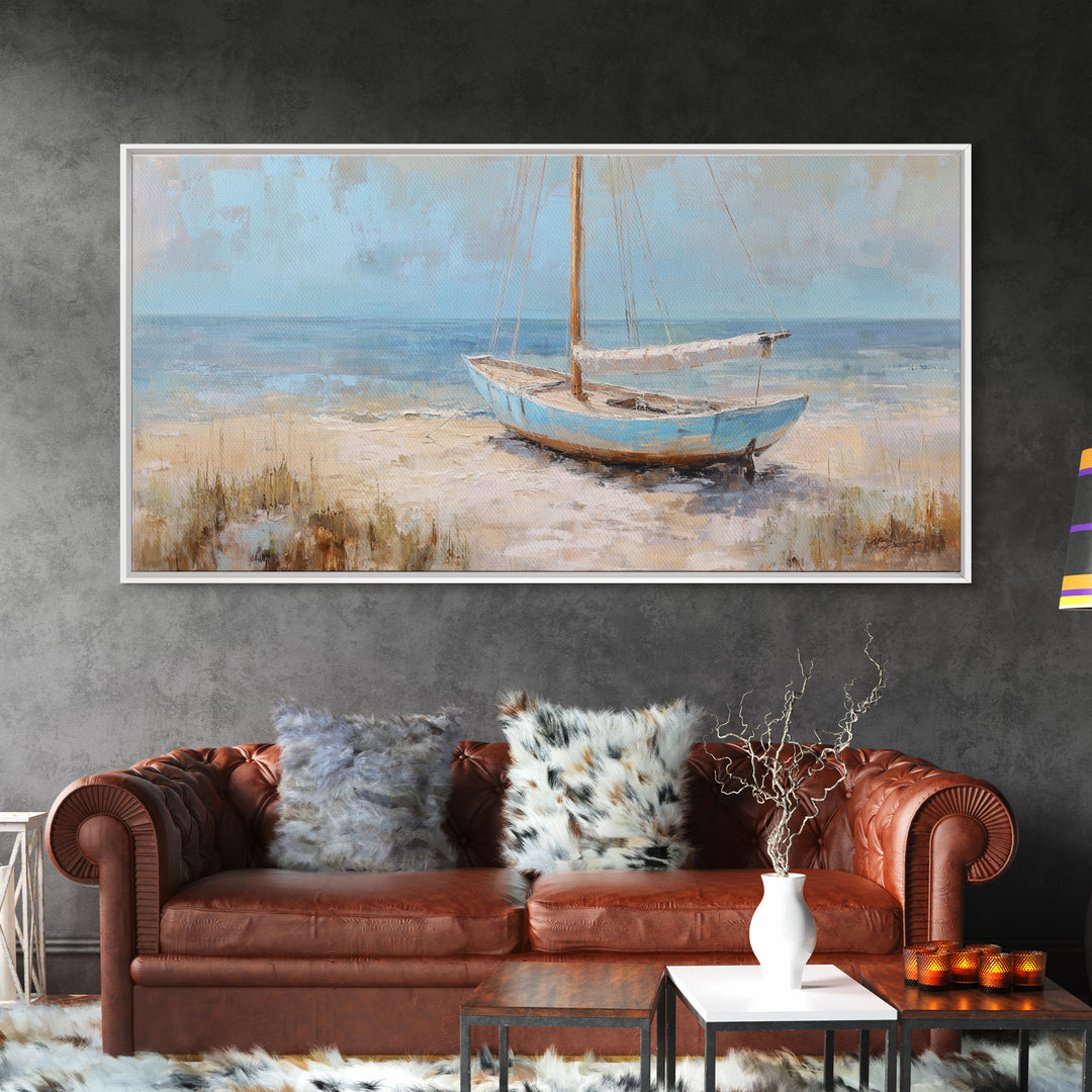 Coastal Inn Sailboat at Sunrise Framed Canvas Print, Bed and Breakfast Art, Print, Living Room Decor, Fine Art, BAB-2x1-37