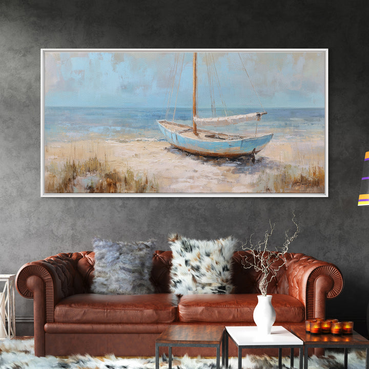 Coastal Inn Sailboat at Sunrise Framed Canvas Print, Bed and Breakfast Art, Print, Living Room Decor, Fine Art, BAB-2x1-37