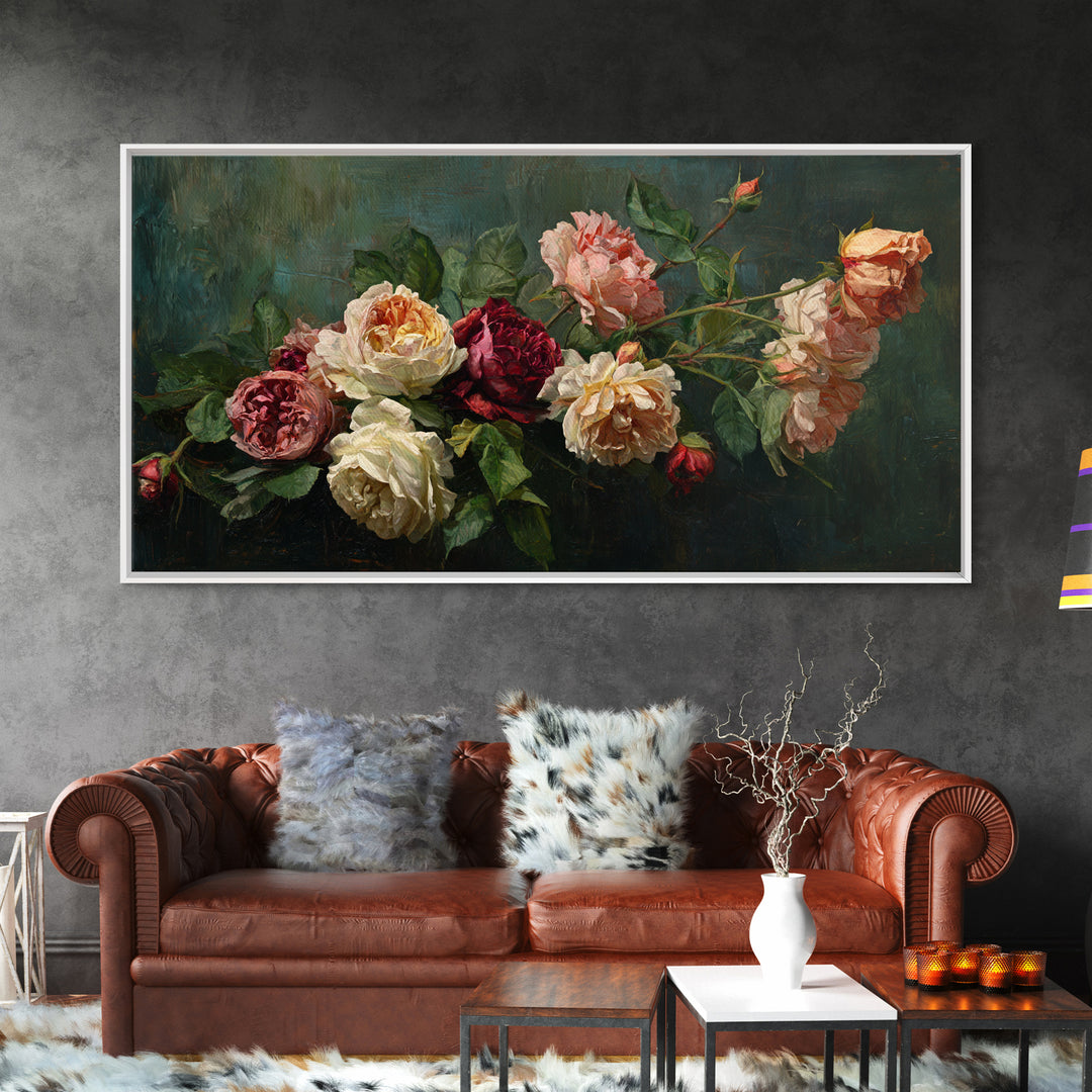 Garden Roses in Romantic Oil Paint Canvas Print, Bed and Breakfast Art, Art Print, Living Room Decor, Fine Art, BAB-2x1-41