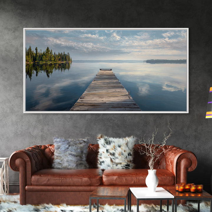 Quiet Lake Dock at Early Morning Framed Canvas Print, Bed and Breakfast Art, Room Decor, Living Room Decor, Fine Art, BAB-2x1-42