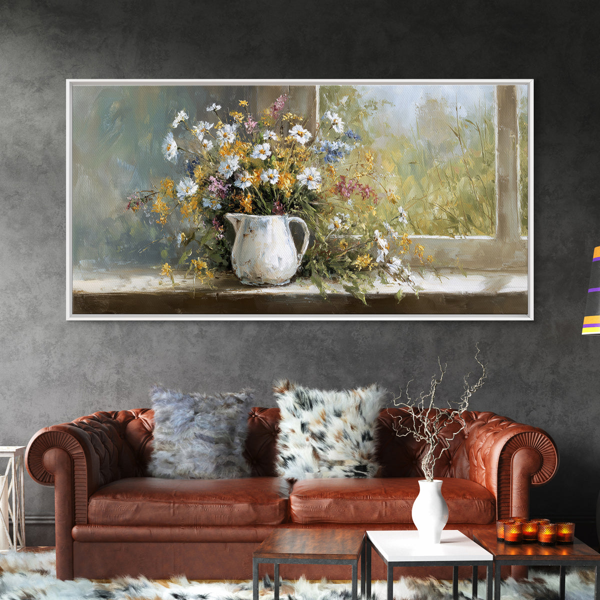 Country Wildflowers in a Chipped Ceramic Pitcher Canvas Print, Bed and Breakfast Art, Wood Wall Art, Living Room Decor, BAB-2x1-45