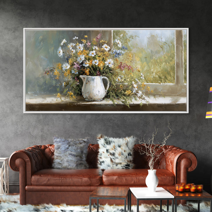 Country Wildflowers in a Chipped Ceramic Pitcher Canvas Print, Bed and Breakfast Art, Wood Wall Art, Living Room Decor, BAB-2x1-45