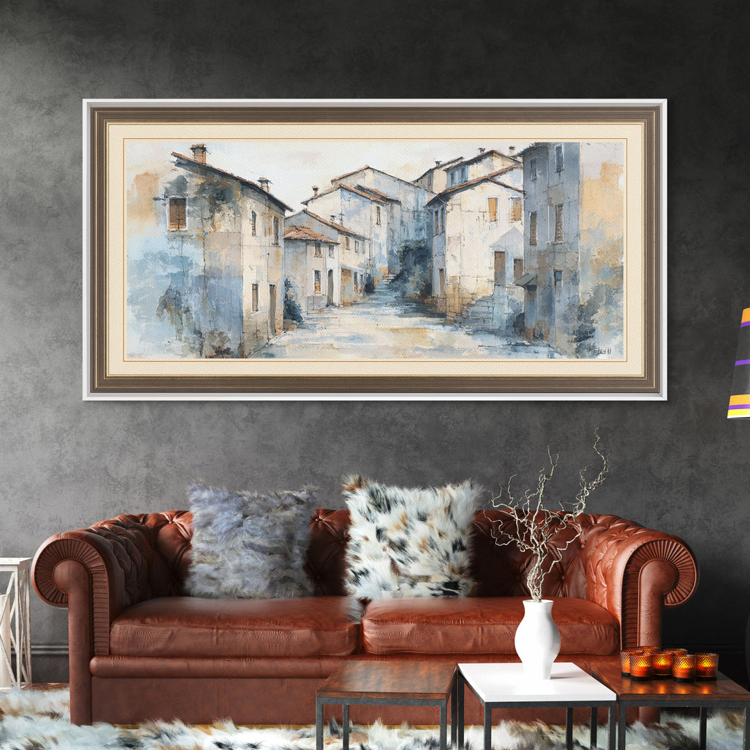 Soft Watercolor Village Street at Dawn Canvas Print, Bed and Breakfast Art, Printable Art, Living Room Decor, Fine Art, BAB-2x1-49