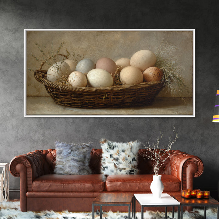 Fresh Eggs in a Woven Basket with Framed Canvas Print, Bed and Breakfast Art, Wall Decor, Living Room Decor, Fine Art, BAB-2x1-50