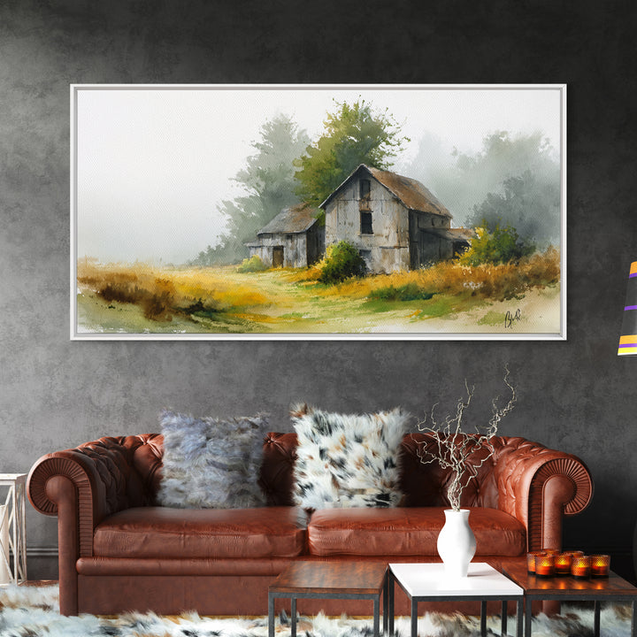 Old Farmhouse Landscape Framed Canvas Print, Bed and Breakfast Art, Living Room Decor, Watercolor Art, Folk Art, BAB-2x1-51