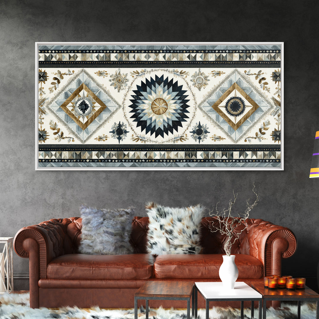 Quilt Pattern Folk Art Composition Framed Canvas Print, Bed and Breakfast Art, Dopamine Decor, Living Room Decor, Fine Art, BAB-2x1-55