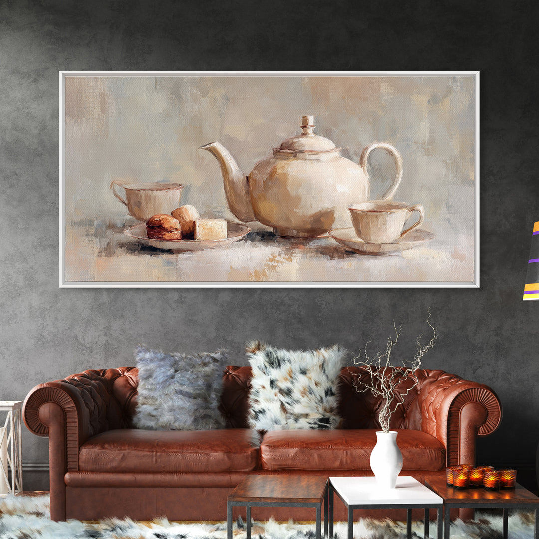 Porcelain Teapot and Scones Framed Canvas Print, Bed and Breakfast Art, Art Print, Living Room Decor, Fine Art, BAB-2x1-56
