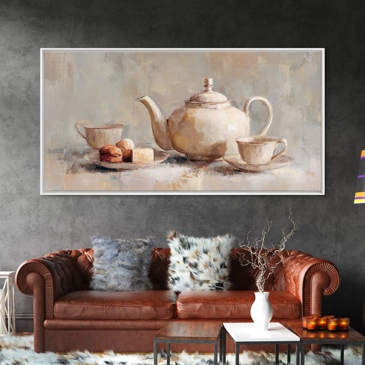 Porcelain Teapot and Scones Framed Canvas Print, Bed and Breakfast Art, Art Print, Living Room Decor, Fine Art, BAB-2x1-56