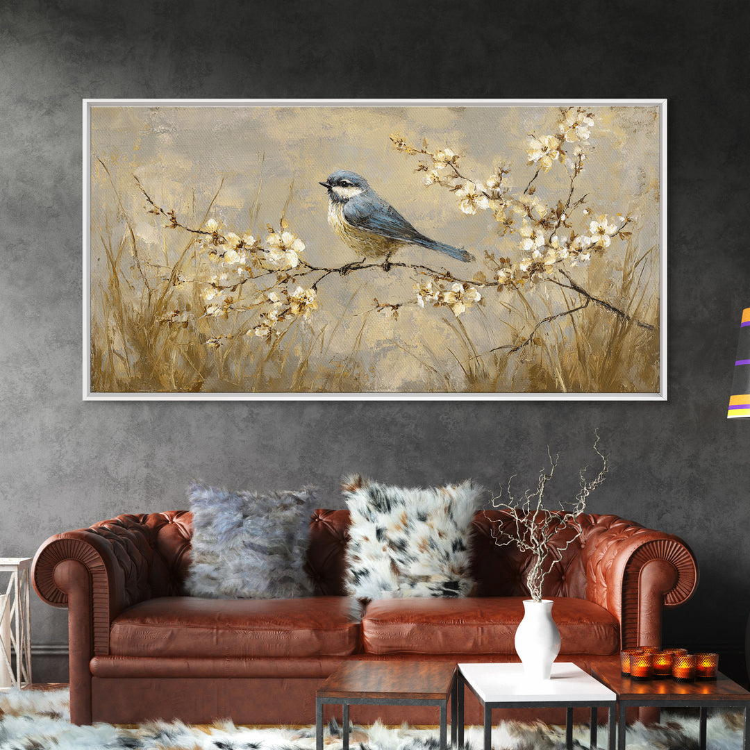 Small Bird on a Flowering Branch Canvas Print, Bed and Breakfast Art, Print, Living Room Decor, Watercolor Art, BAB-2x1-58