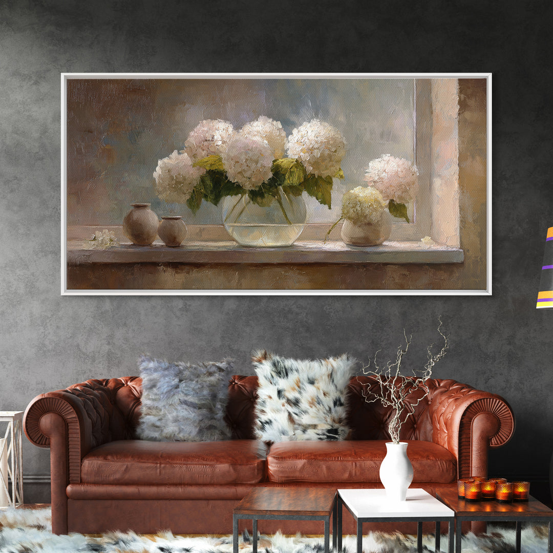 Sunlit Hydrangeas on a Windowsill Framed Canvas Print, Bed and Breakfast Art, Minimalist Decor, Living Room Decor, Fine Art, BAB-2x1-6
