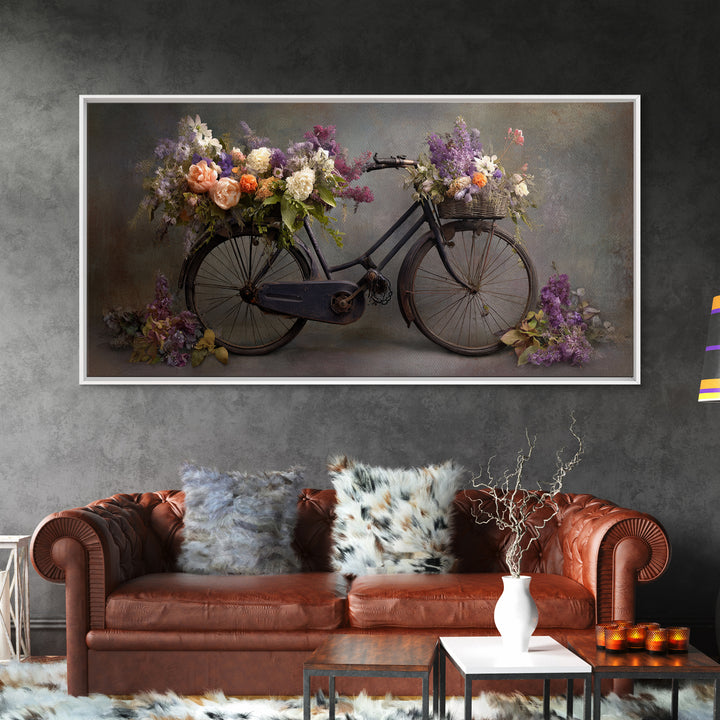 Old Bicycle with Flowers in Basket Framed Canvas Print, Bed and Breakfast Art, Gallery Decor, Living Room Decor, Fine Art, BAB-2x1-67