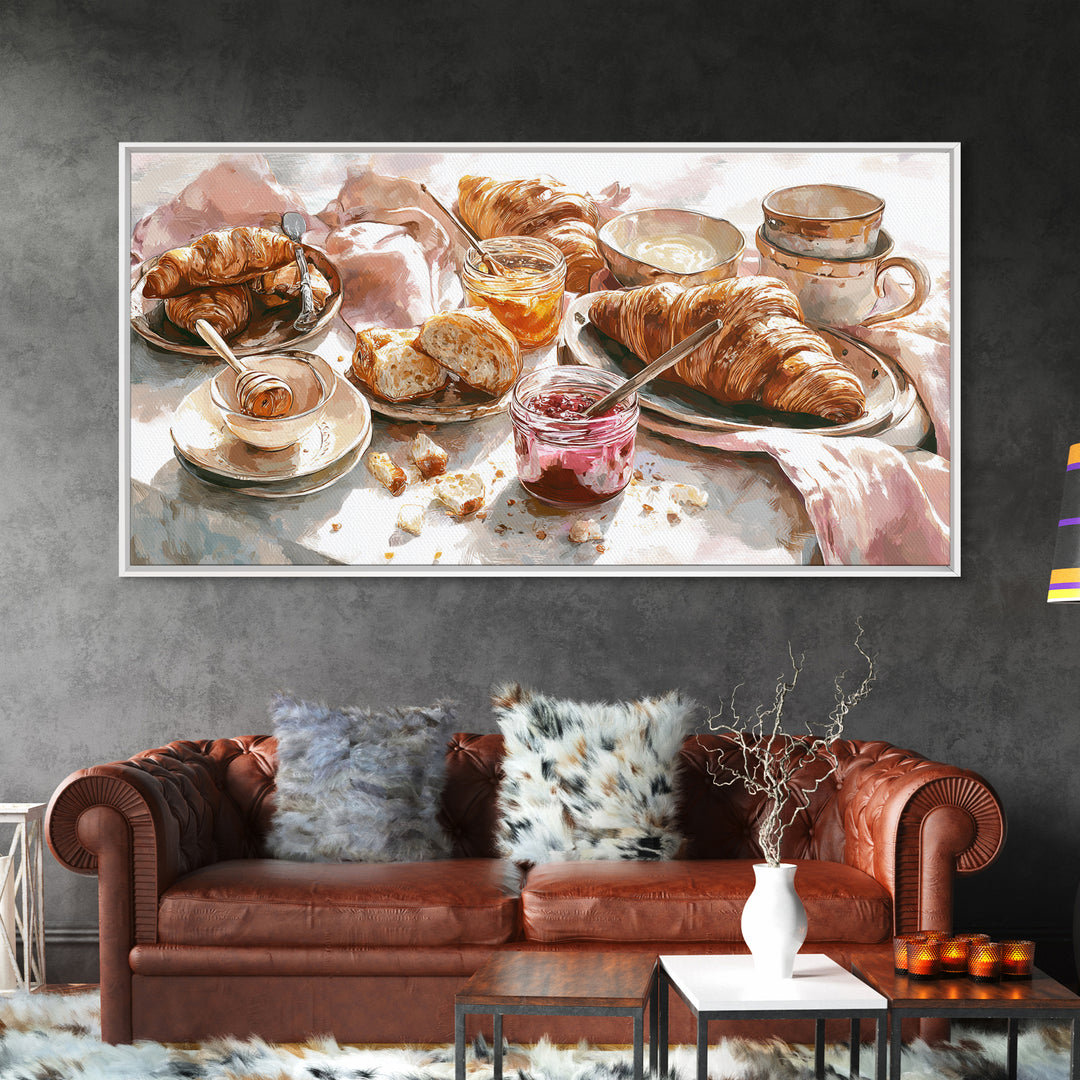 Fresh Croissants and Jam on a Linen Canvas Print, Bed and Breakfast Art, Printable, Living Room Decor, Fine Art, BAB-2x1-70
