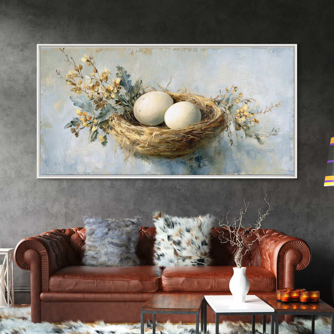 Fresh Eggs in a Woven Basket with Canvas Print, Bed and Breakfast Art, Printable Wall Art, Living Room Decor, Watercolor Art, BAB-2x1-74