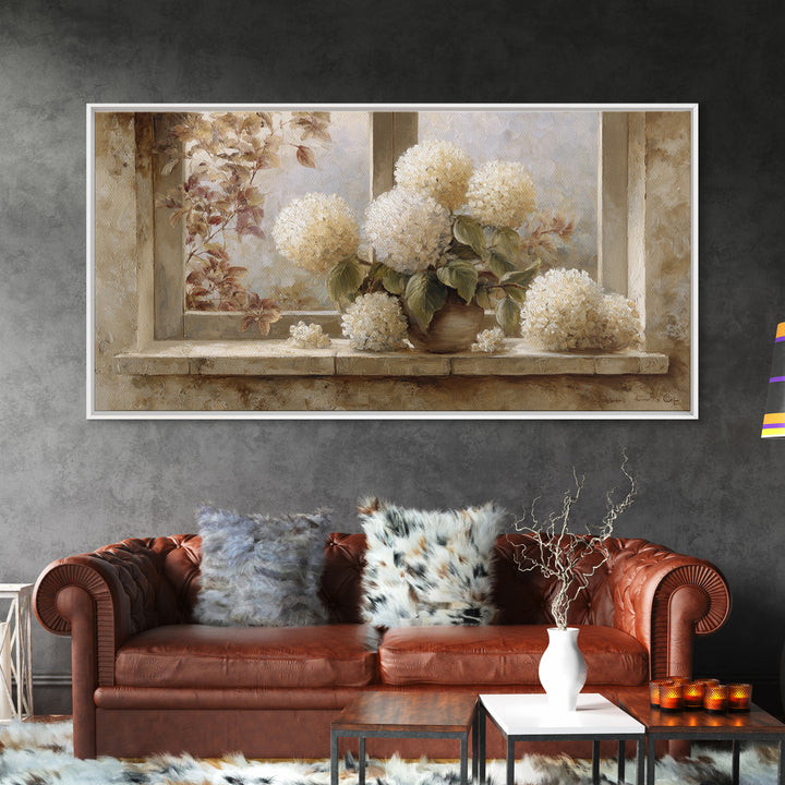 Sunlit Hydrangeas on a Windowsill Canvas Print, Bed and Breakfast Art, Decor, Living Room Decor, Fine Art, Dopamine Decor, BAB-2x1-78
