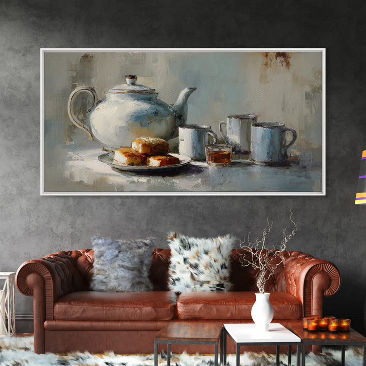 Porcelain Teapot and Scones Framed Canvas Print, Bed and Breakfast Art, Bed, Living Room Decor, Fine Art, Rustic Home Decor, BAB-2x1-80