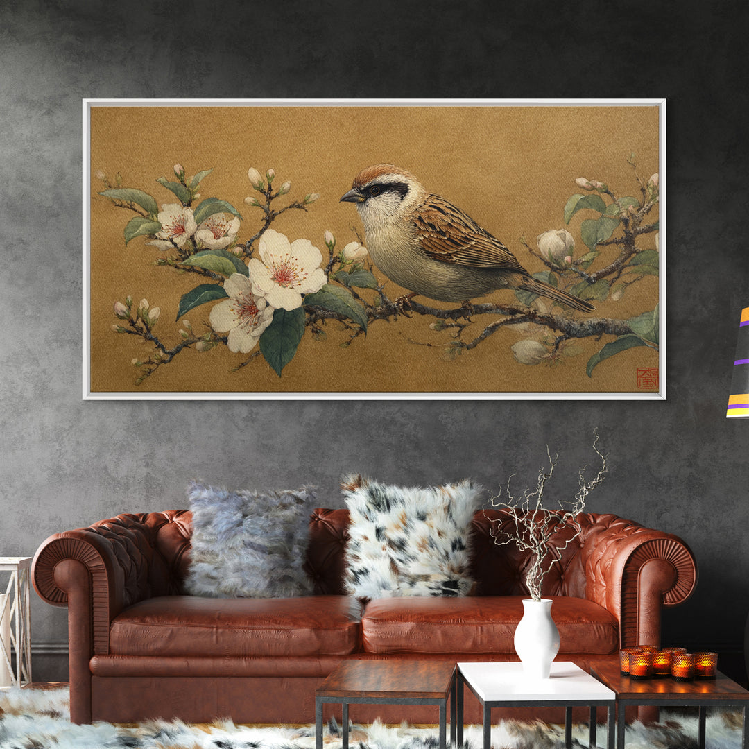 Small Bird on a Flowering Branch Canvas Print, Bed and Breakfast Art, Print, Living Room Decor, Watercolor Art, BAB-2x1-82