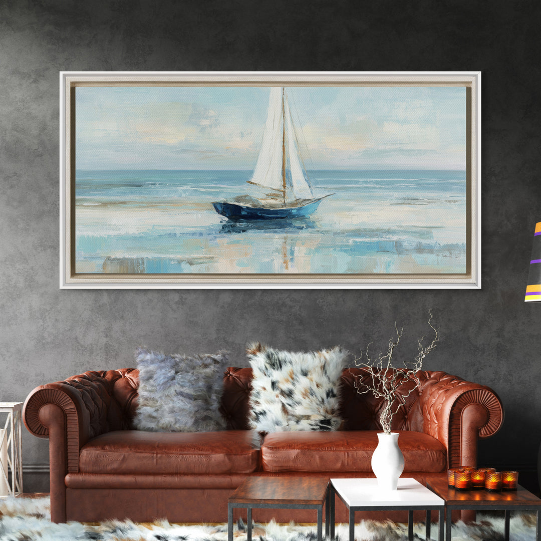 Coastal Inn Sailboat at Sunrise Framed Canvas Print, Bed and Breakfast Art, Dopamine Decor, Living Room Decor, Fine Art, BAB-2x1-85