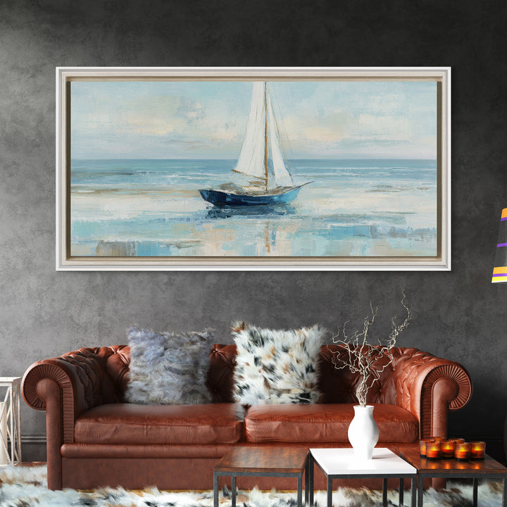 Coastal Inn Sailboat at Sunrise Framed Canvas Print, Bed and Breakfast Art, Dopamine Decor, Living Room Decor, Fine Art, BAB-2x1-85