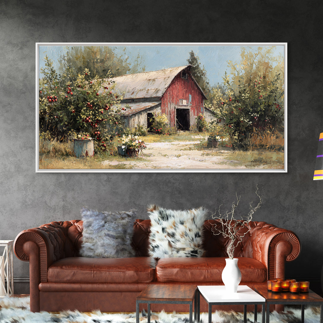 Apple Orchard Scene Framed Canvas Print, Bed and Breakfast Art, Decor, Living Room Decor, Fine Art, Dopamine Decor, BAB-2x1-9