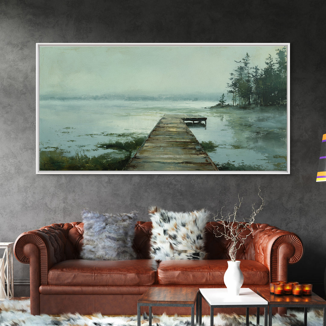 Quiet Lake Dock at Early Morning Framed Canvas Print, Bed and Breakfast Art, Digital Art, Living Room Decor, Fine Art, BAB-2x1-90