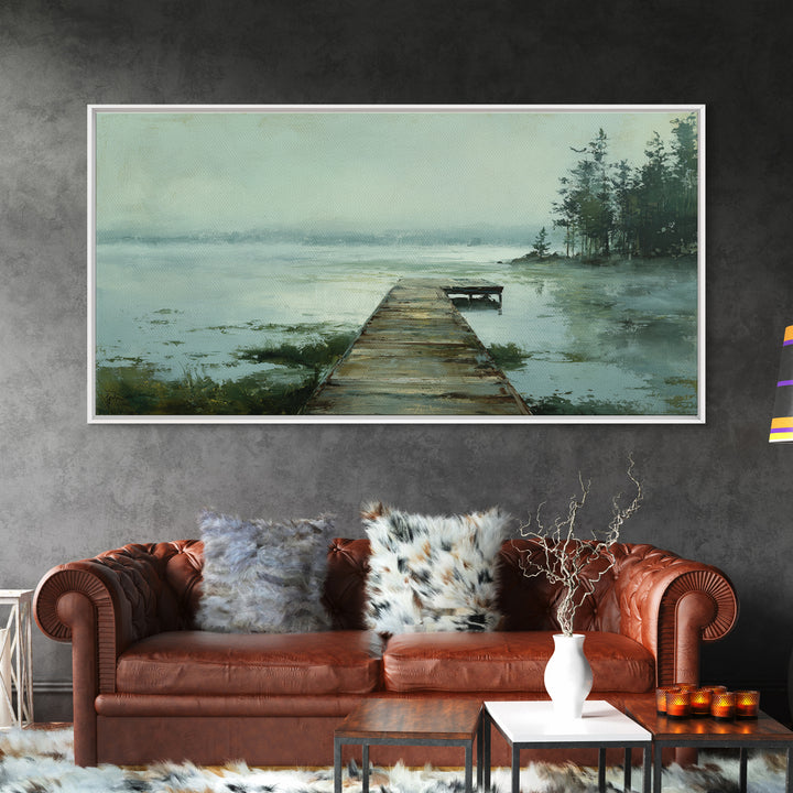 Quiet Lake Dock at Early Morning Framed Canvas Print, Bed and Breakfast Art, Digital Art, Living Room Decor, Fine Art, BAB-2x1-90