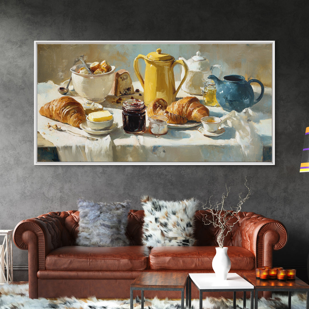 Fresh Croissants and Jam on a Linen Canvas Print, Bed and Breakfast Art, Printable, Living Room Decor, Fine Art, BAB-2x1-94