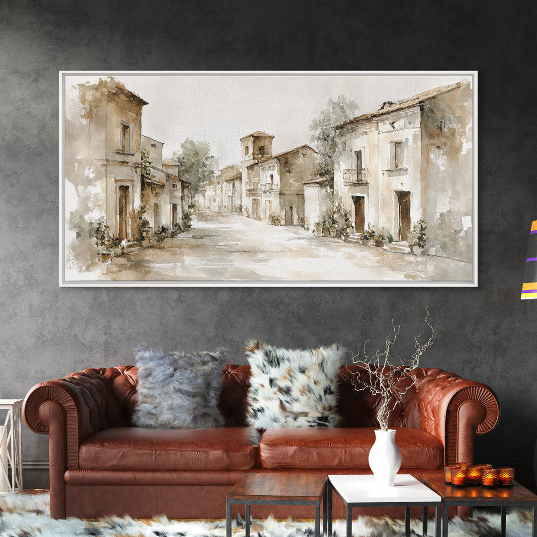 Soft Watercolor Village Street at Dawn Canvas Print, Bed and Breakfast Art, Bedroom Wall Art, Living Room Decor, BAB-2x1-97
