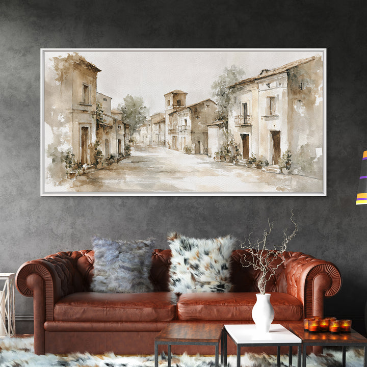 Soft Watercolor Village Street at Dawn Canvas Print, Bed and Breakfast Art, Bedroom Wall Art, Living Room Decor, BAB-2x1-97