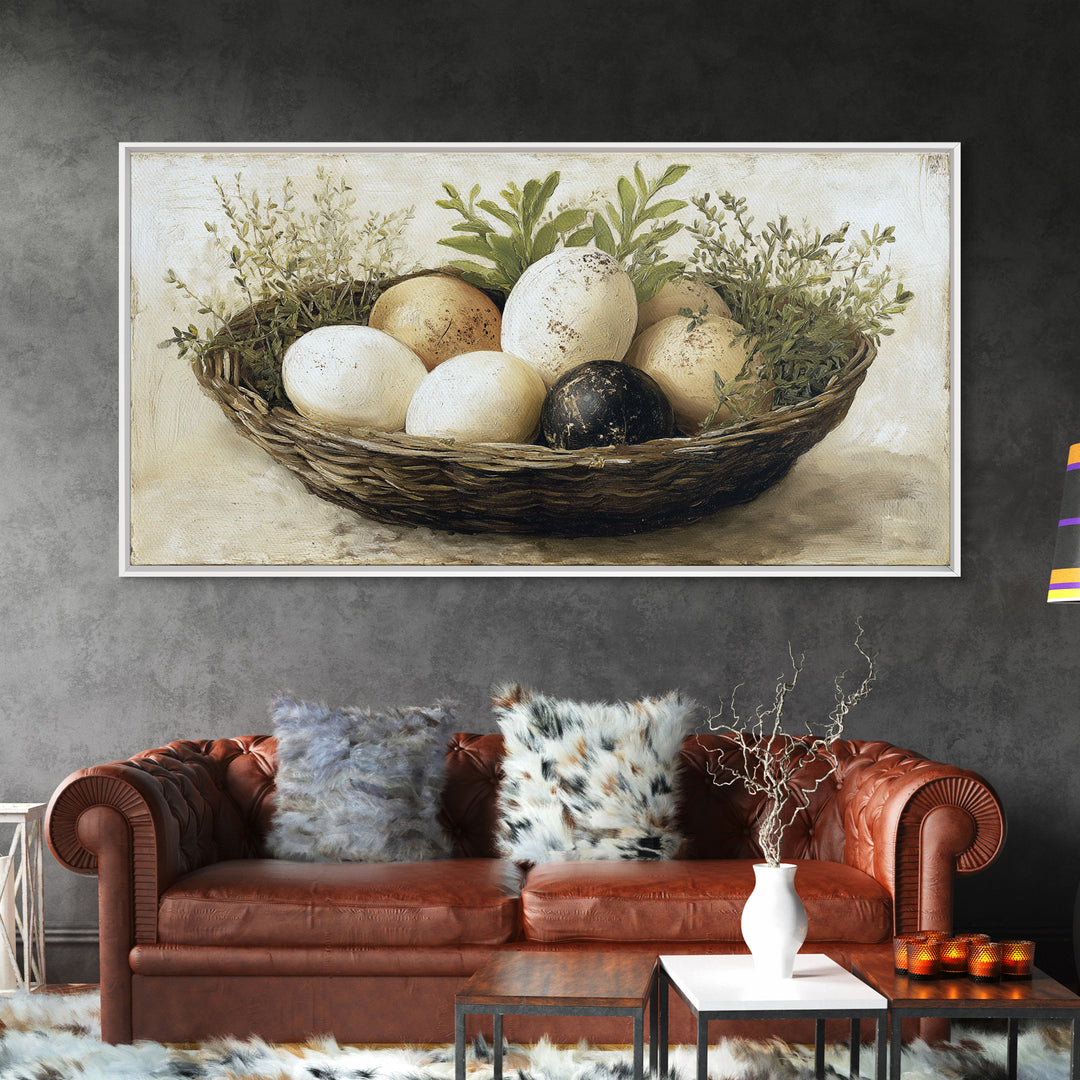 Fresh Eggs in a Woven Basket with Canvas Print, Bed and Breakfast Art, Printable Wall Art, Living Room Decor, Watercolor Art, BAB-2x1-98