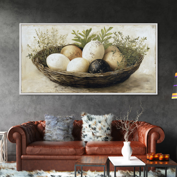 Fresh Eggs in a Woven Basket with Canvas Print, Bed and Breakfast Art, Printable Wall Art, Living Room Decor, Watercolor Art, BAB-2x1-98